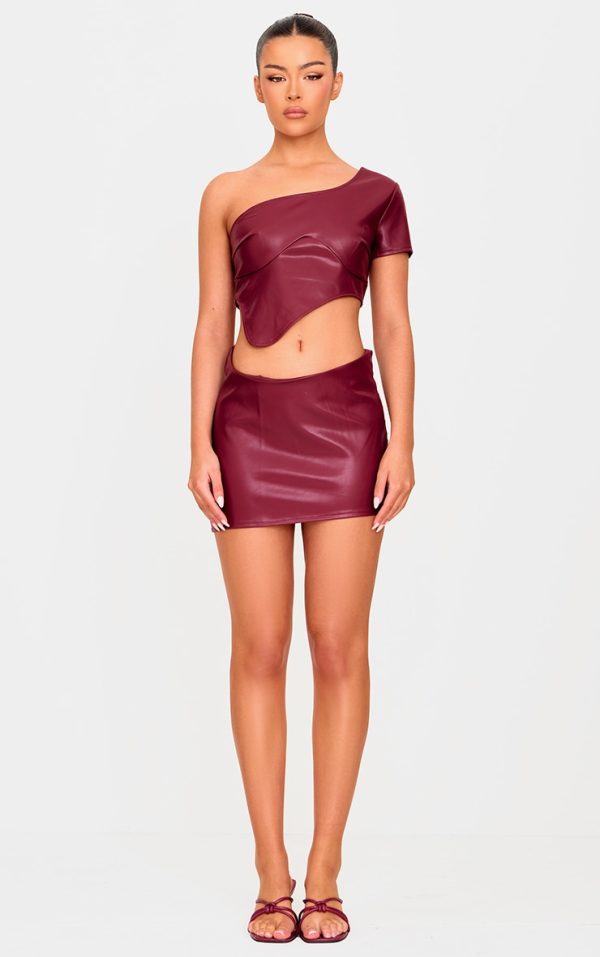 Burgundy Faux Leather Asymmetric Hem Mini Skirt