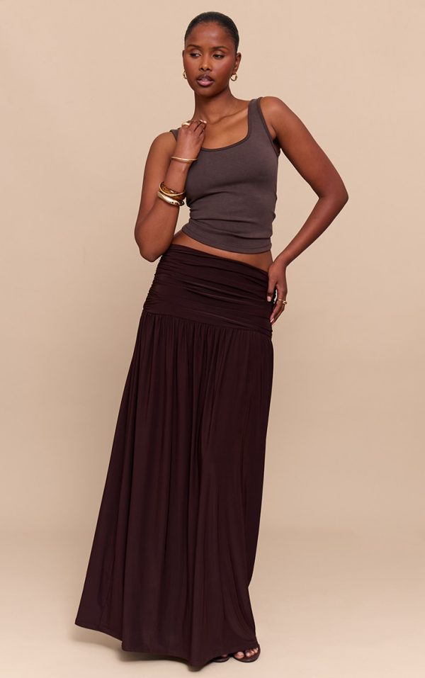 Chocolate Overlay Detail Double Layer Slinky Maxi Skirt