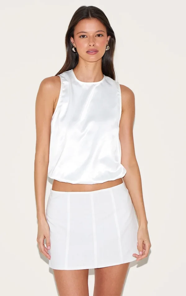 White Satin Bubble Hem Top