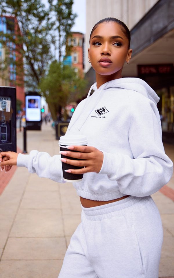 PRETTYLITTLETHING Grey Marl Embroidered Cinched Waist Cropped Hoodie