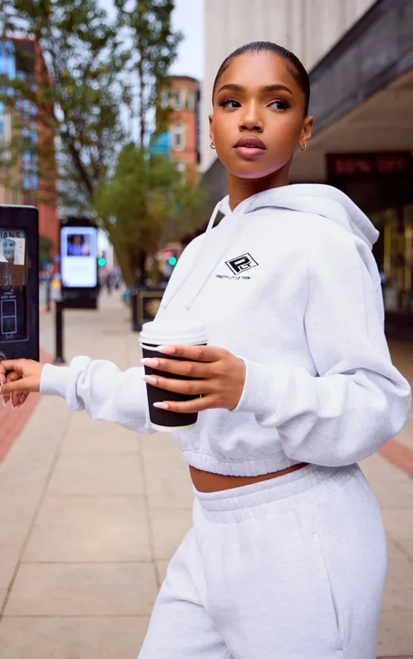 PRETTYLITTLETHING Grey Marl Embroidered Cinched Waist Cropped Hoodie