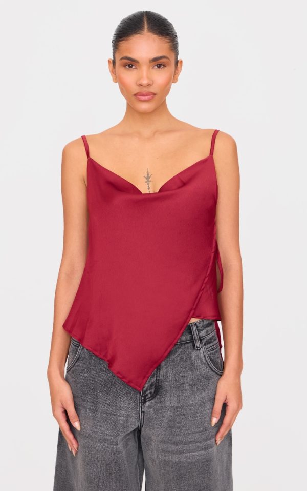 Burgundy Satin Split Hem Asymmetric Long Top