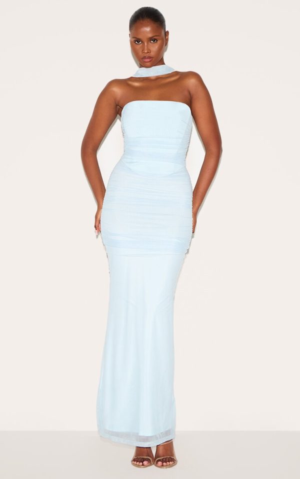 Blue Scarf Detail Ruched Maxi Dress