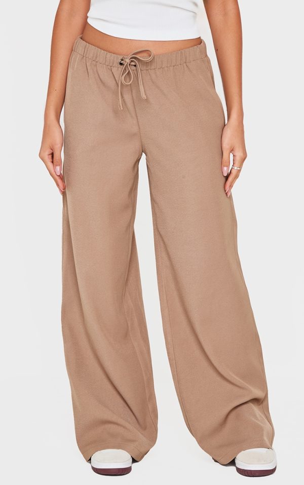 Taupe Premium Woven Drawstring Waistband Low Rise Pants