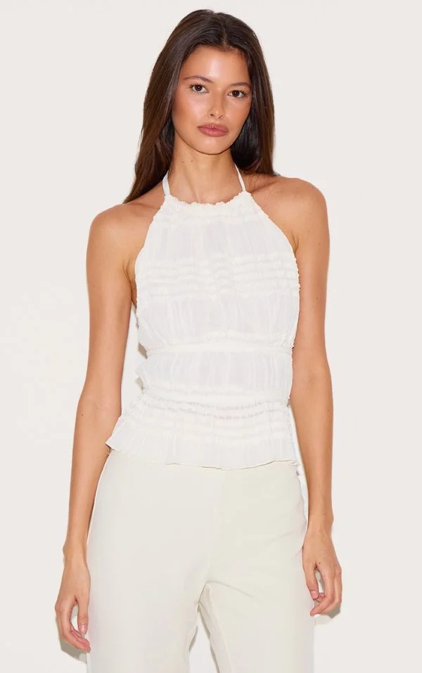Cream Texture Frill Halter Neck Top