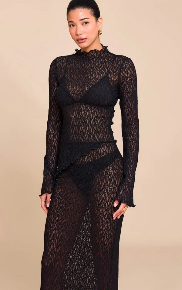 Black Sheer Lace Asymmetric Long Top