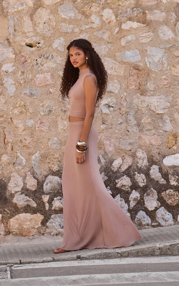 Taupe Mesh Mid Rise Fishtail Maxi Skirt