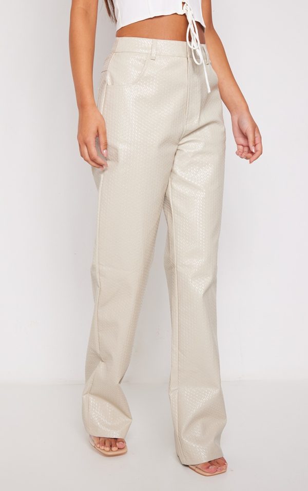 Ecru Textured Faux Leather Straight Leg Pants