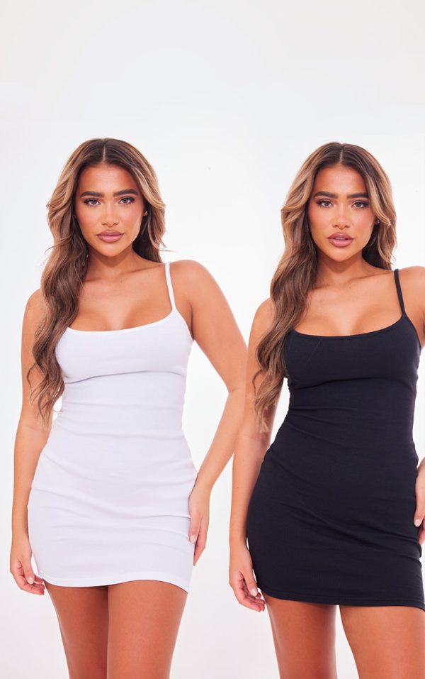Black & White 2 Pack Rib Strappy Bodycon Dress