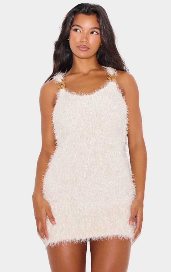 Cream Bobble Eyelash Chain Trim Mini Dress