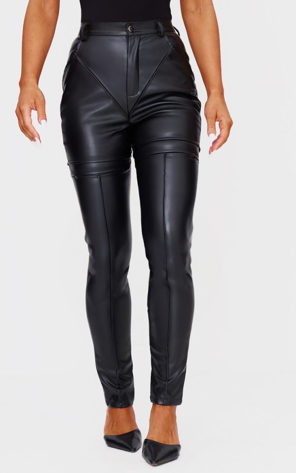 Black Faux Leather Contrast Panels Skinny Pants