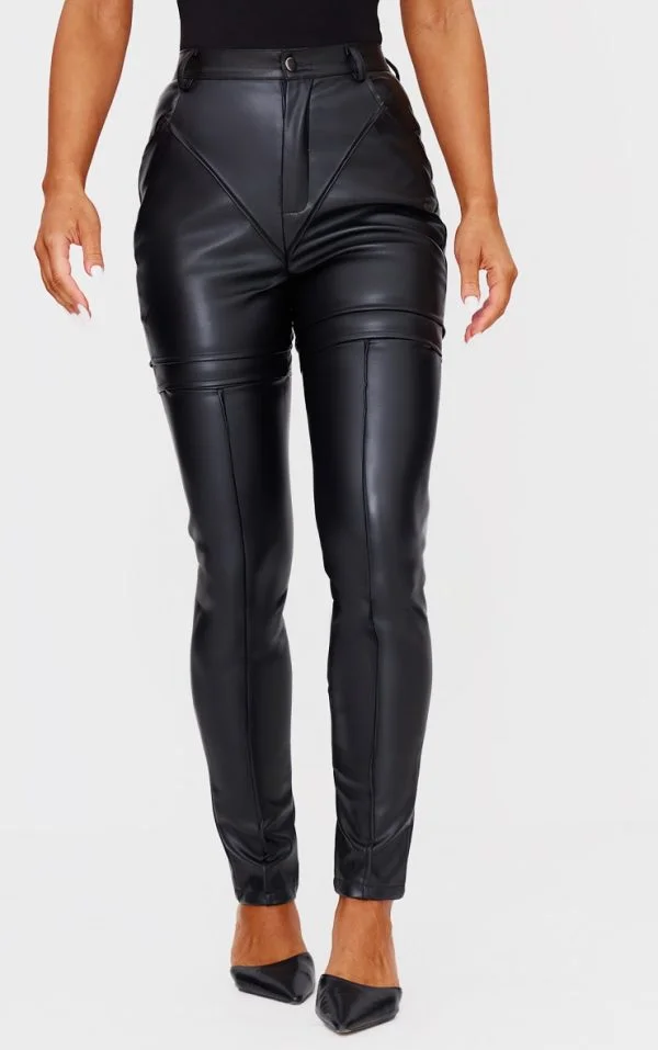 Black Faux Leather Contrast Panels Skinny Pants