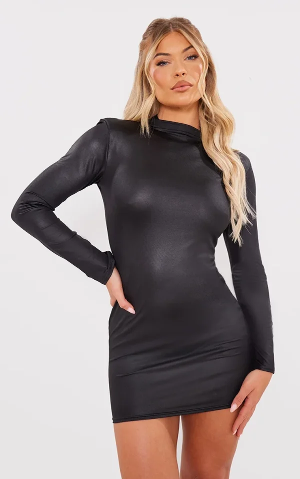 Black Shiny Long Sleeve High Neck Mini Dress