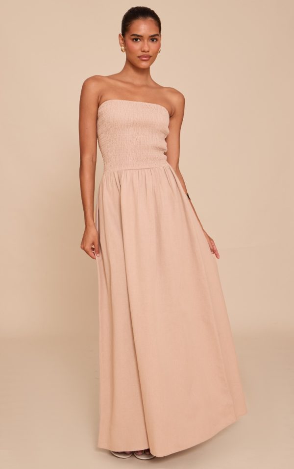 Mushroom Bandeau Shirred Detail Maxi Dress