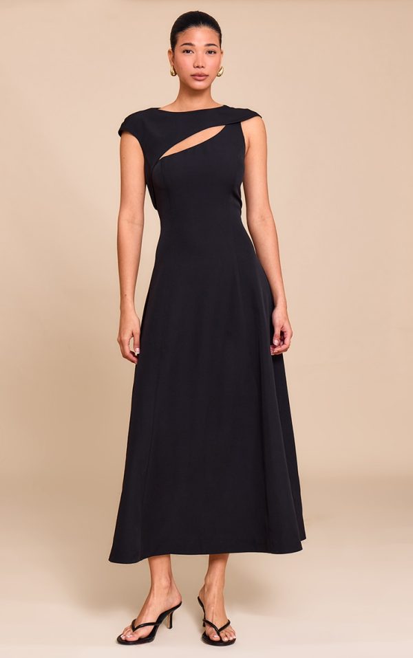 Black Asymmetric Cut Out Detail Midaxi Dress