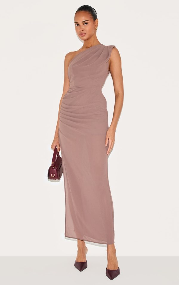 Mushroom Chiffon One Shoulder Ruched Maxi Dress