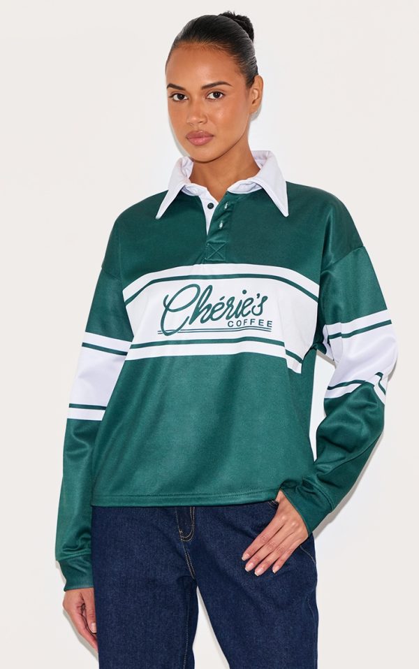 Forest Green Striped Graphic Varsity Collared Sweatshirt
