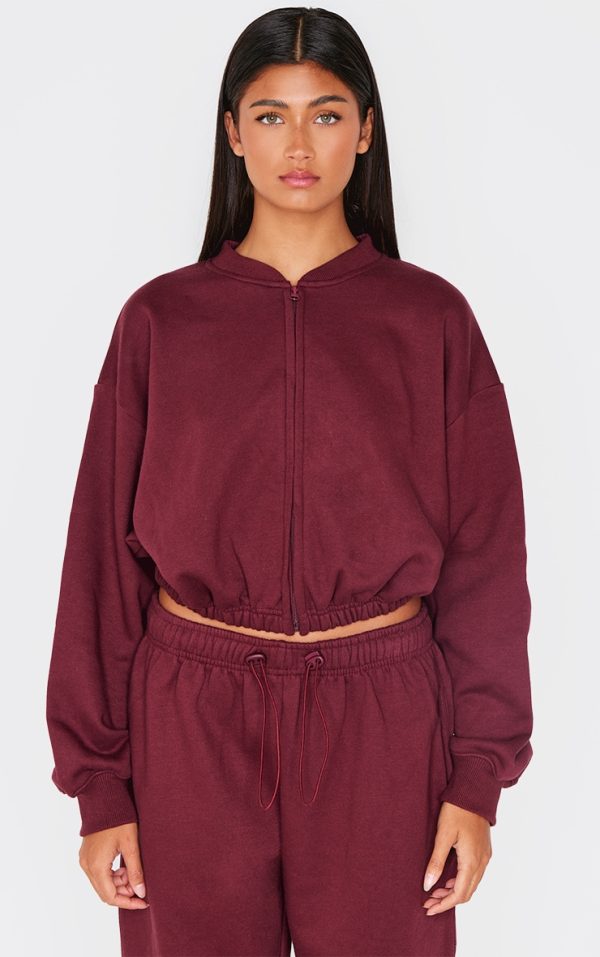 Burgundy Drawcord Waist Cropped Zip Up Sweatshirt
