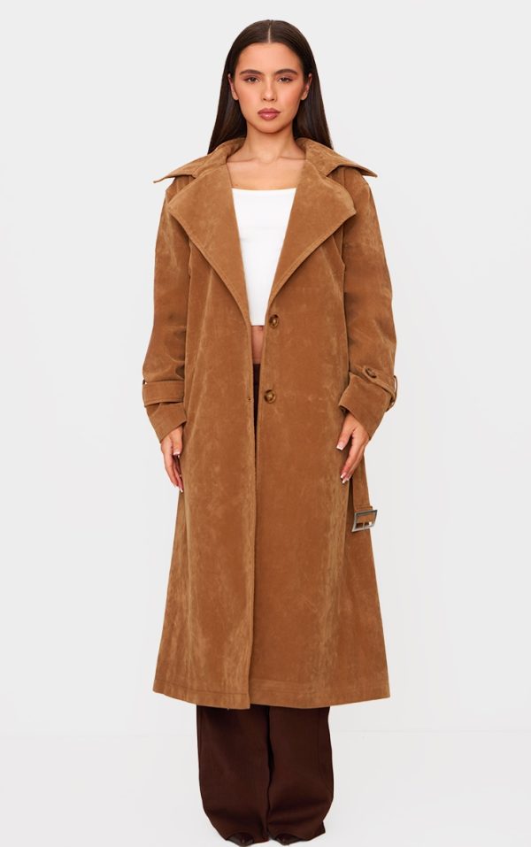 Petite Camel Faux Suede Belted Trench Coat