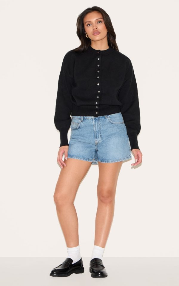 Black Compact Knit Button Through Cardigan