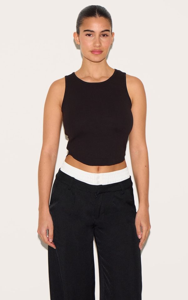 Black Ribbed Curve Hem Detail Vest Top