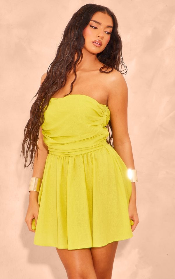 Chartreuse Linen Look Pleated Shift Dress