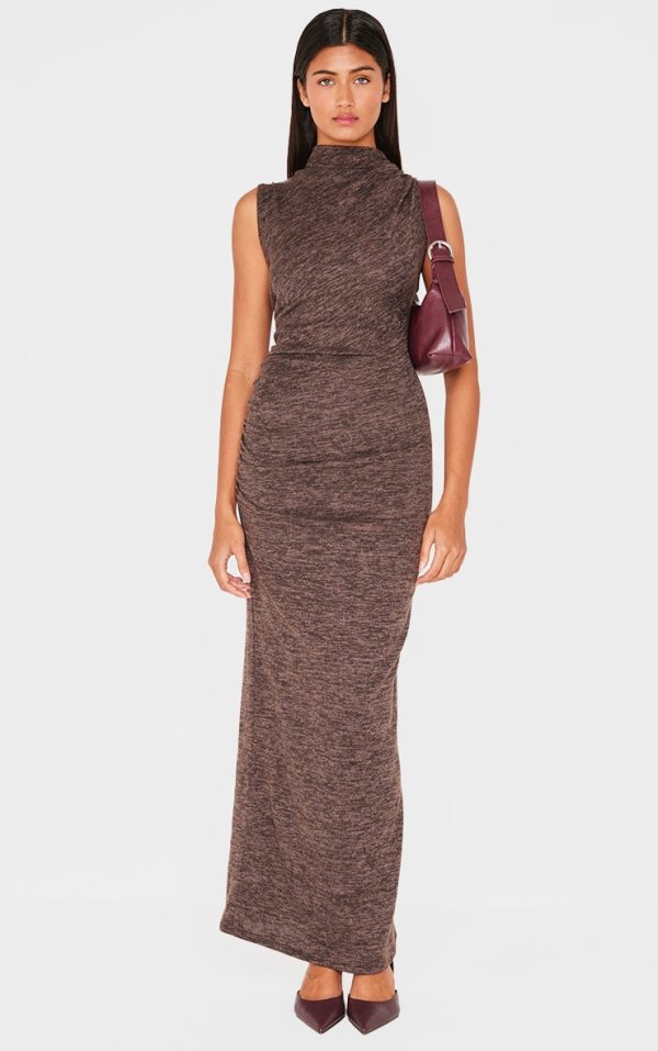 Brown High Neck Ruched Detail Maxi Dress