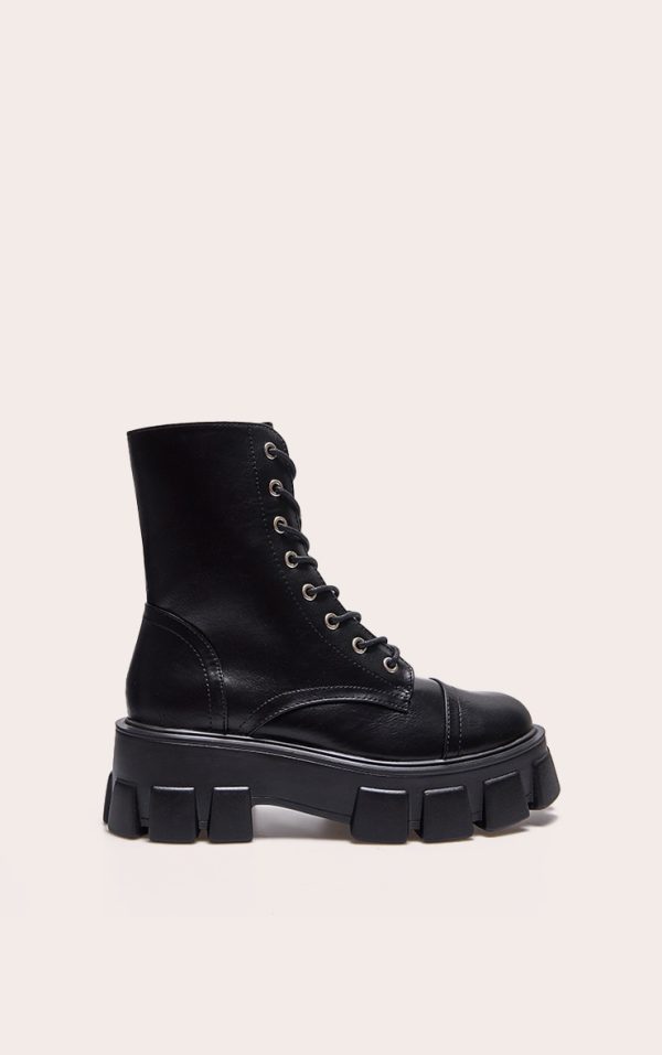 Black Lace Up Extreme Cleated Sole Combat Boots