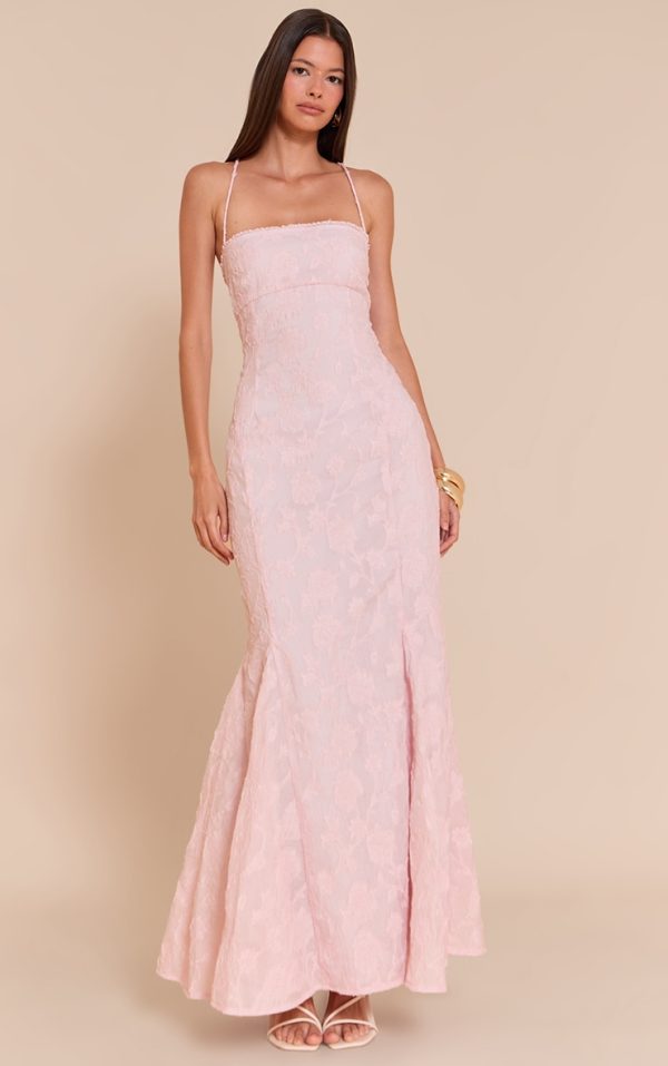Blush Textured Lace Up Back Maxi Dress