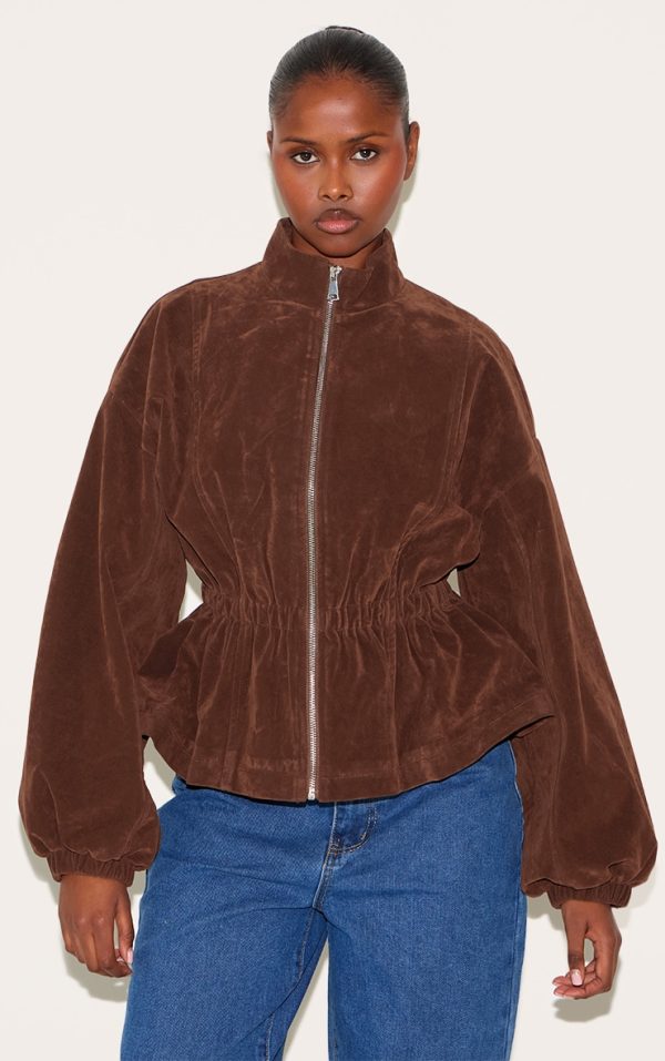 Brown Cinched Waist Faux Suede Jacket
