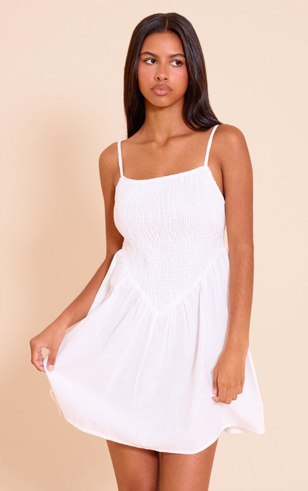 Petite White Spaghetti Strap Shirred Bodice Shift Dress