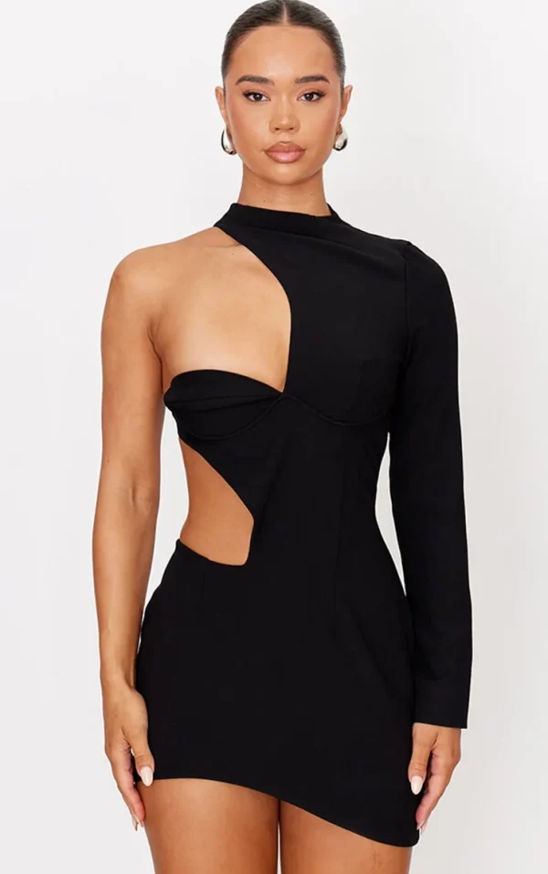 Black Woven Extreme Cut Out One Shoulder Mini Dress