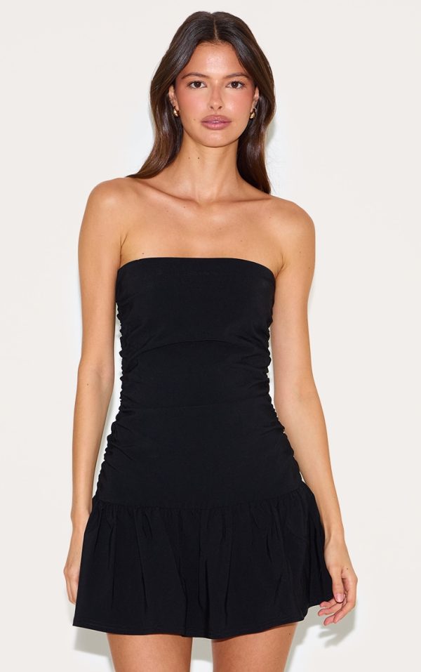 Black Stretch Woven Bandeau Ruched Shift Dress