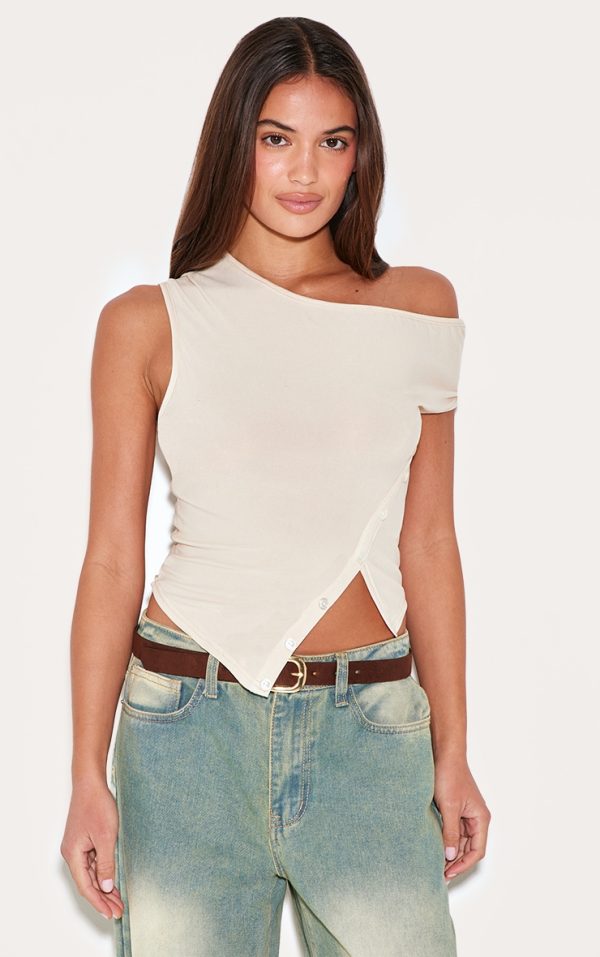 Stone Asymmetric Soft Touch Button Detail Long Top