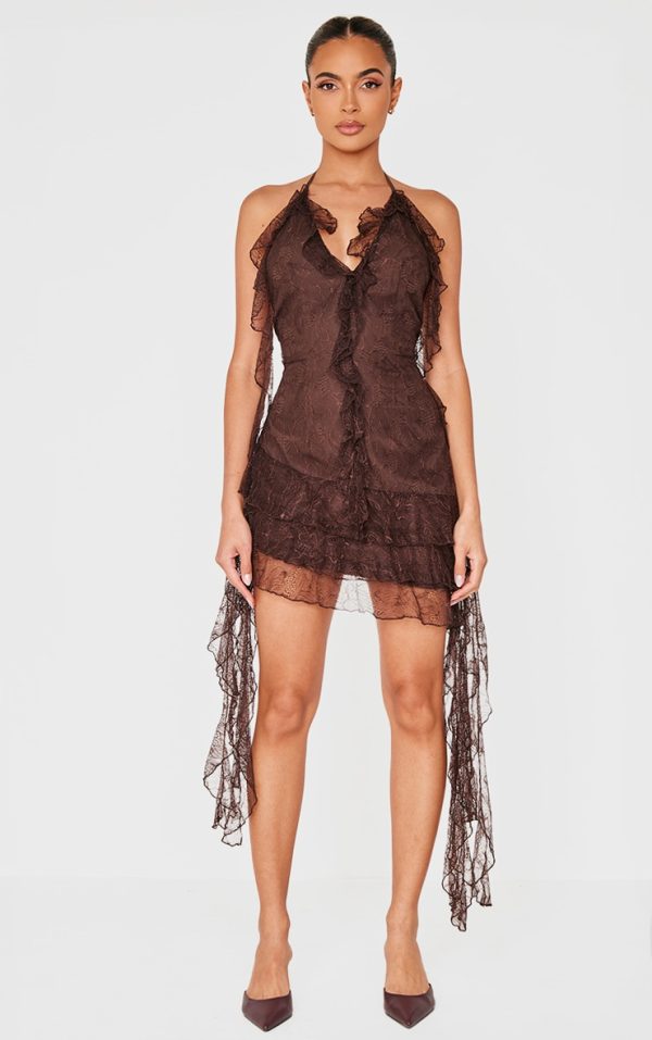 Chocolate Lace Frill Detail Halterneck Backless Bodycon Dress
