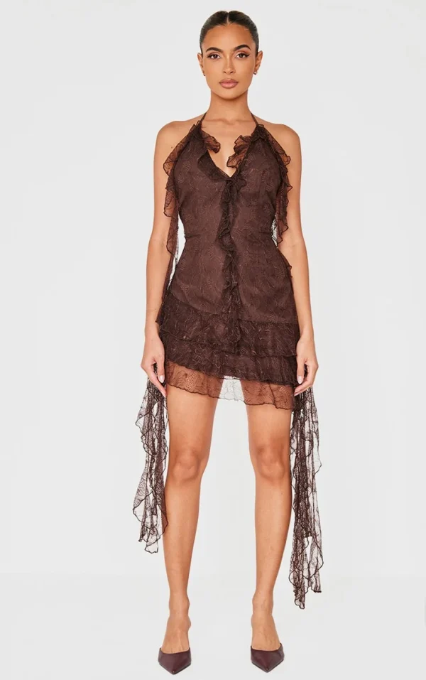 Chocolate Lace Frill Detail Halterneck Backless Bodycon Dress