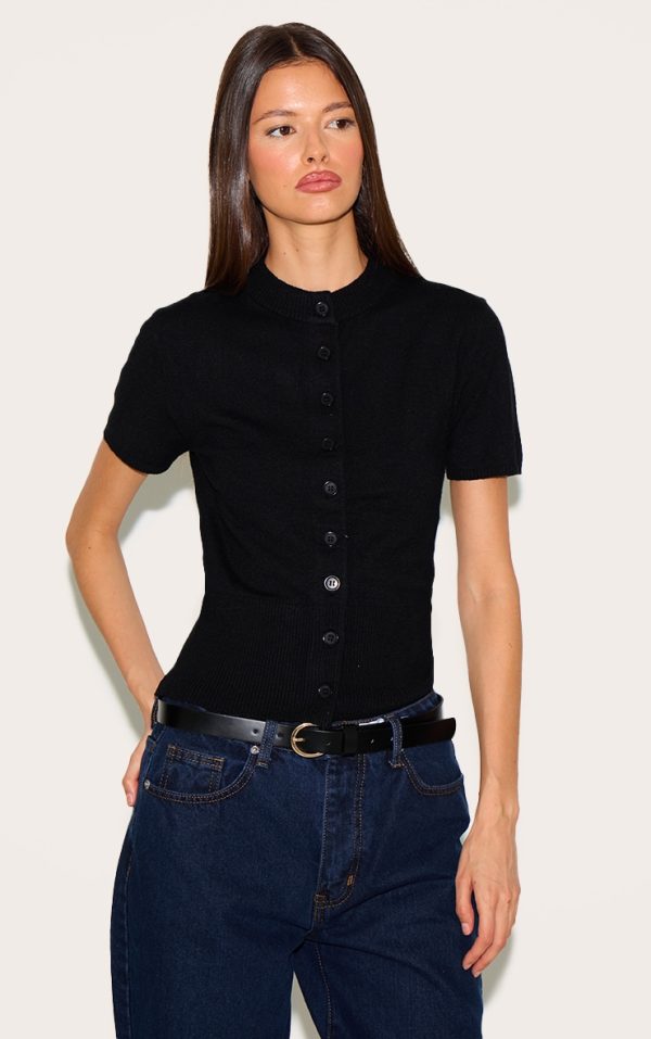 Black  Knit Button Through Top