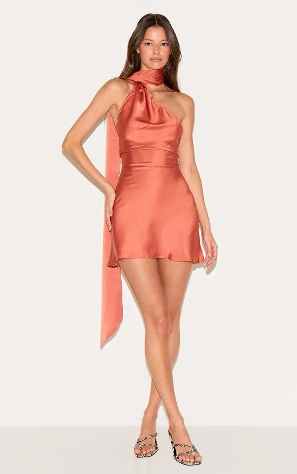 Burnt Orange Satin Scarf Detail Bodycon Dress