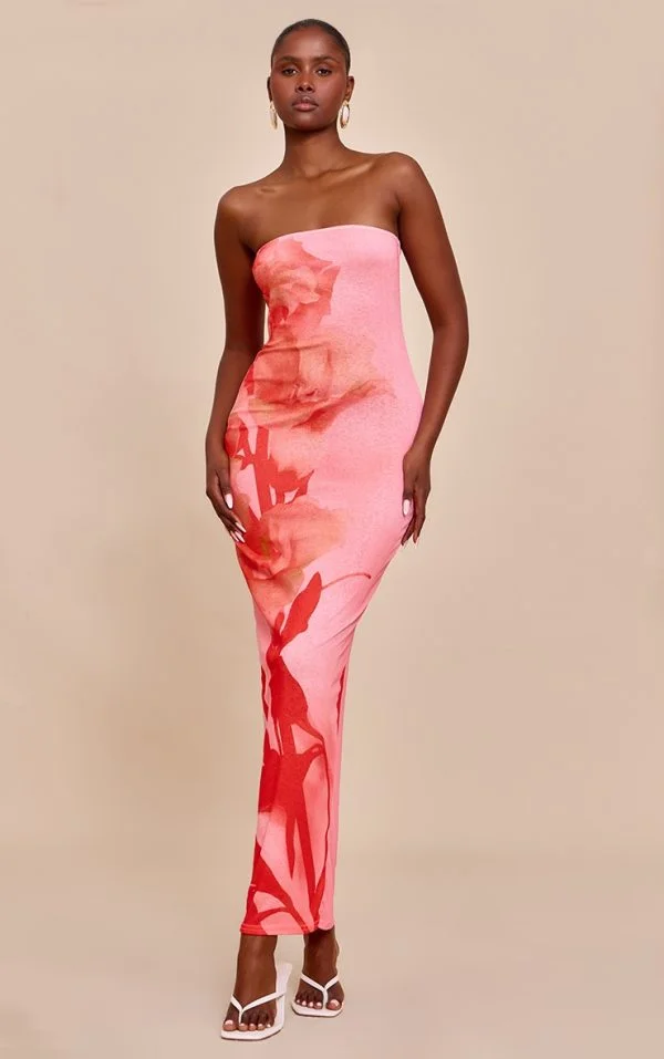 Pink Onion Skin Bandeau Floral Print Maxi Dress