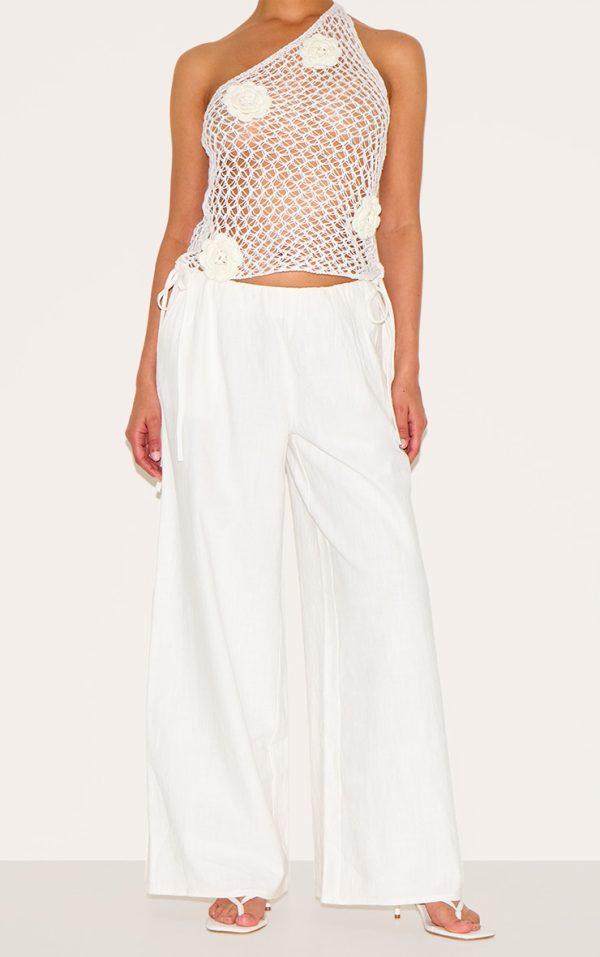 Petite White Premium Linen Look Wide Leg Side Tie Detail Pants