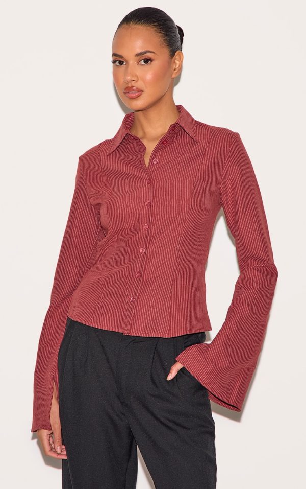 Burgundy Striped Peach Skin Fitted Shirt