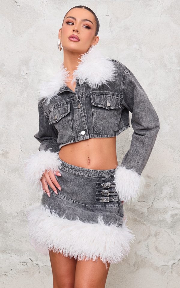 Washed Grey Denim Cropped Faux Fur Trim Detail Jacket