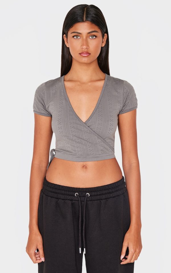 Charcoal Contour Pointelle Cross Over Detail Crop Top
