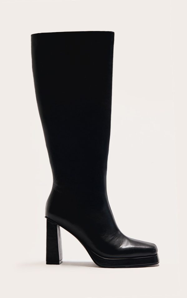 Black PU Square Toe Slight Platform Knee High Heeled Boots