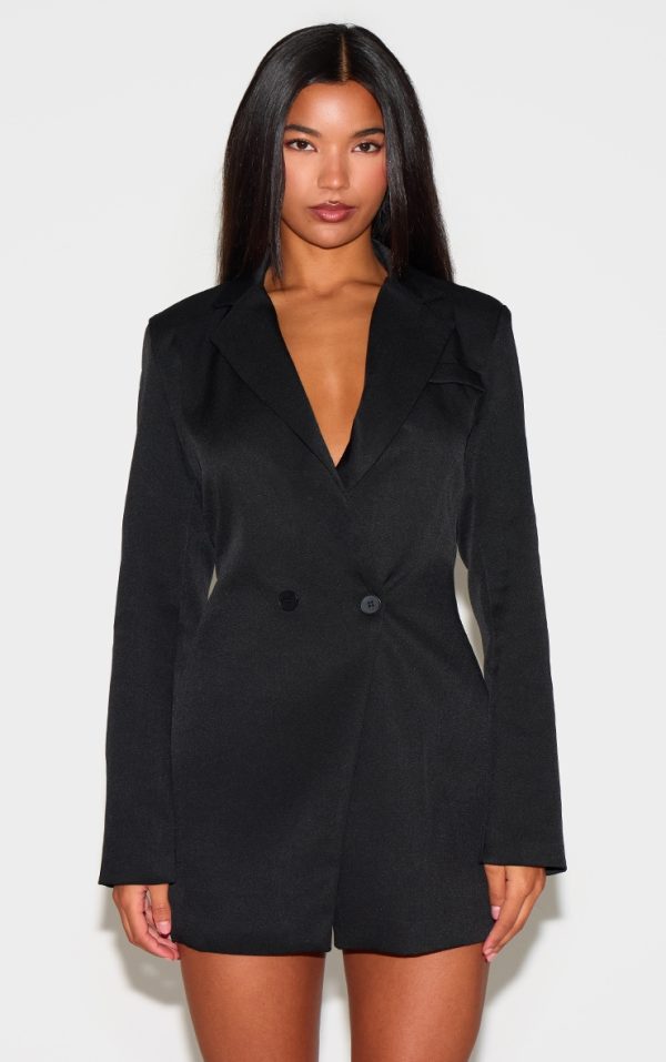 Black Woven Double Breasted Cinched Waist Blazer Dress