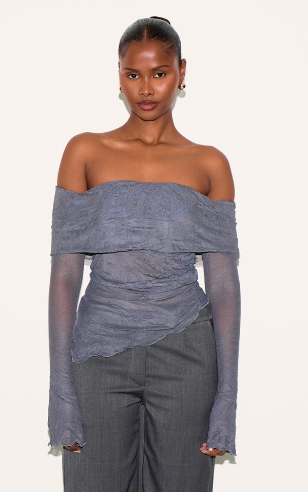 Charcoal Crinkle Mesh Fold Over Detail Bardot Long Sleeve Top