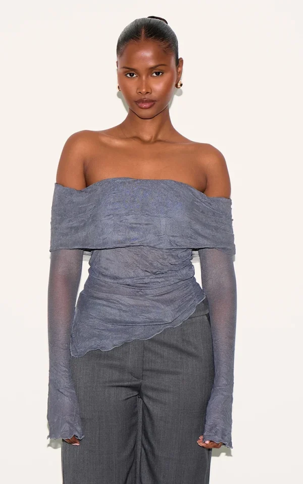 Charcoal Crinkle Mesh Fold Over Detail Bardot Long Sleeve Top