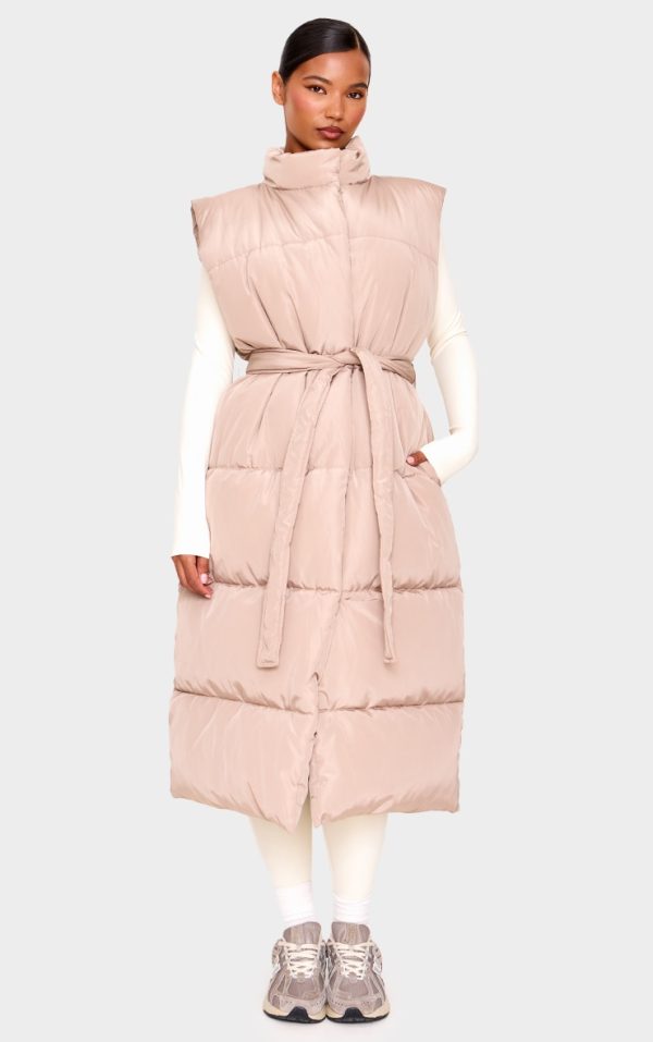 Taupe Quilted Longline Tie Waist Vest