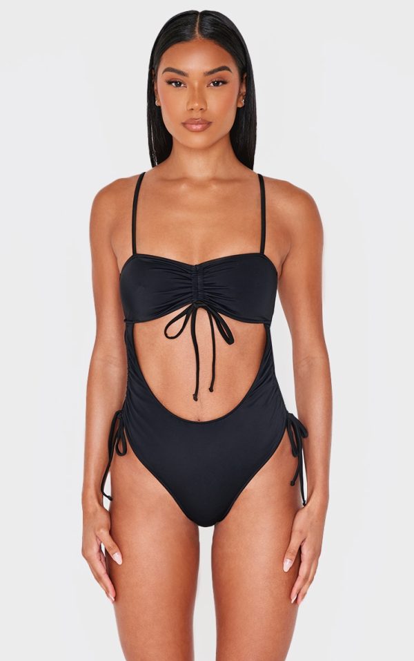 Black Ruched Cut Out Halter Tie Swimsuit