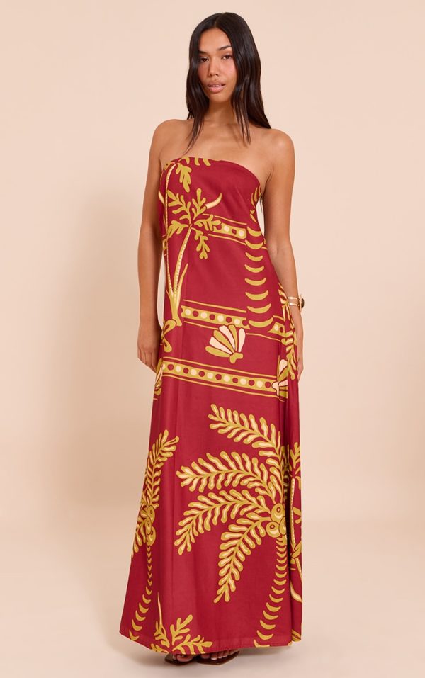 Deep Red Palm Print Woven Bandeau Maxi Dress